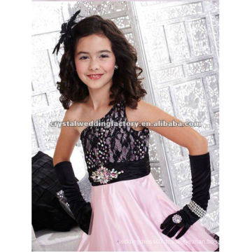 Une épaule en dentelle noire sur mesure robe de bal jupe rose petites filles boucles d&#39;oreille CWFaf4801